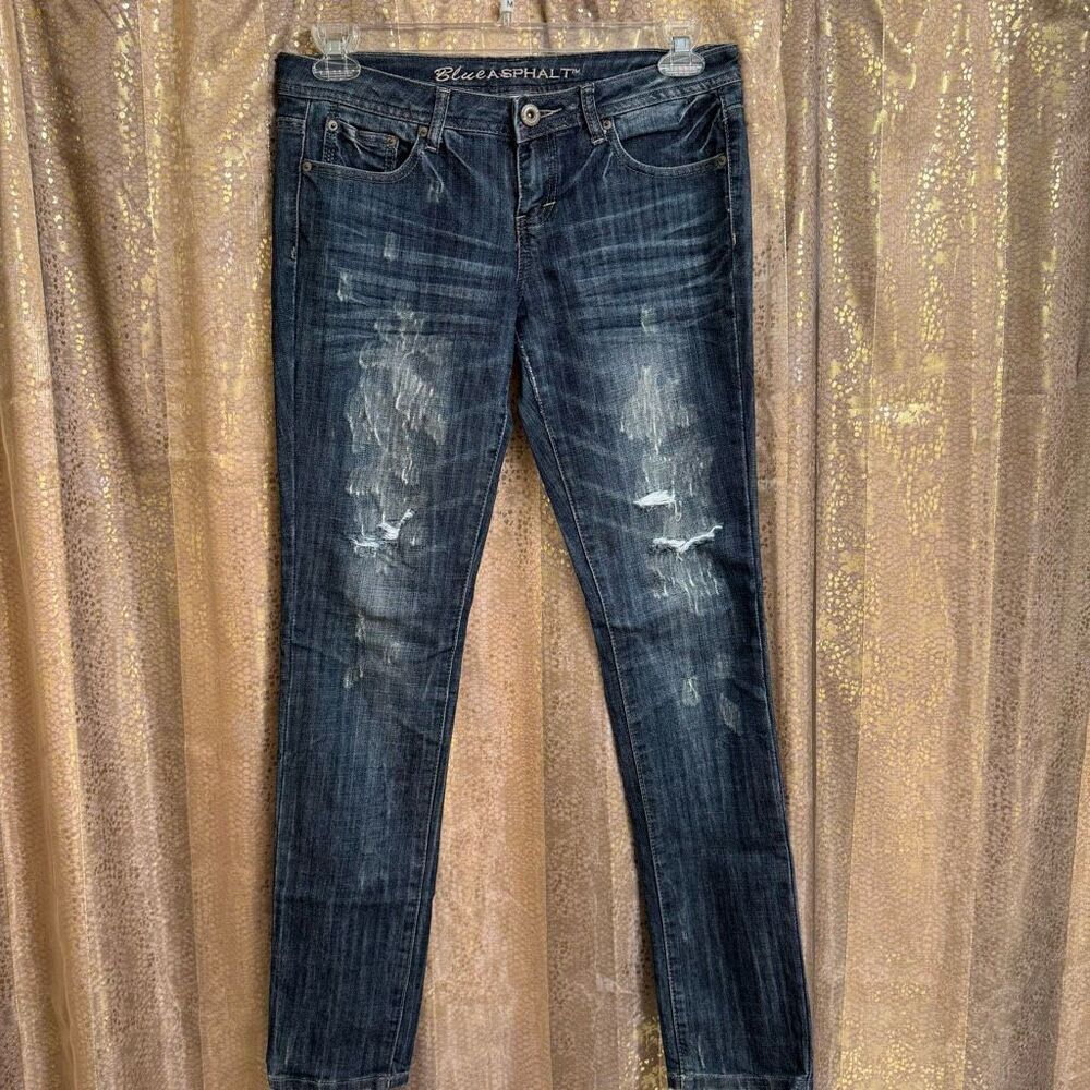 Blue Asphalt Wet Seal 2000s Rhinestone Pocket Faded Skinny Jeans Size 7
